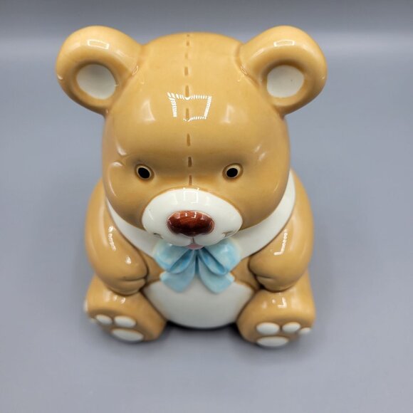 Vintage Lefton Geo Z. Teddy Bear Money Bank Light Brown Blue Bow Ceramic - Picture 5 of 13